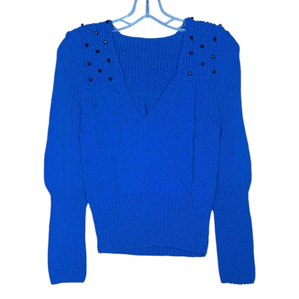 Vintage Mme Defarge Hand Knit Blue Beaded Faux Wrap Sweater Puff Sleeve Royal S